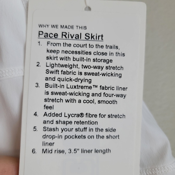 Lululemon Pace Rival Skirt (Regular) 13" in White size 14 NWT - Picture 5 of 8